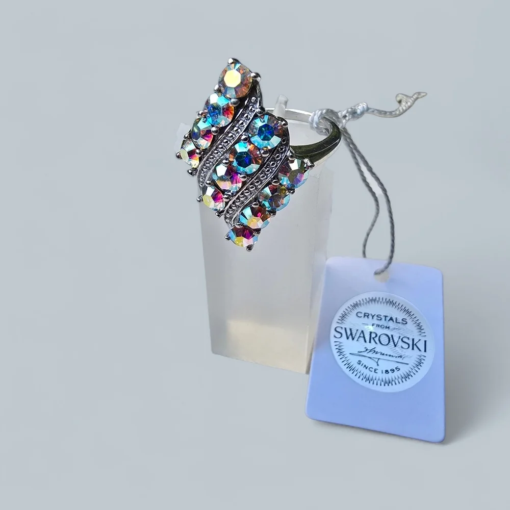Artisan ✦ Aurora Borealis Swarovski Crystal Ring ✦ 925 Sterling Platinum Over - Picture 5 of 8